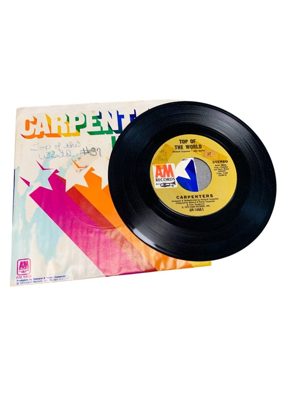 Vintage Carpenters "Top Of The World" 45 RPM Vinyl Record A&M Records